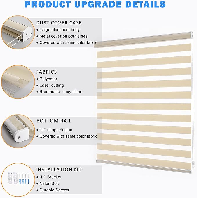 Zebra Blinds for Windows, Free-Stop Zebra Shades, Dual Layer Light Filtering Sheer Blinds for Indoor Windows, Roller Window Shades for Privacy (36" W X 72" H, Cream)