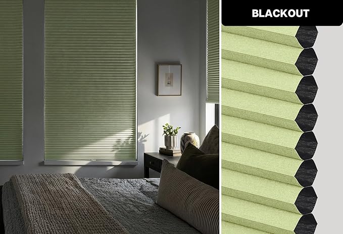 LazBlinds Cordless Cellular Shades, No Tools No Drill Blackout Honeycomb Shades Pleated Blinds for Windows, 23" W x 64" H, Green