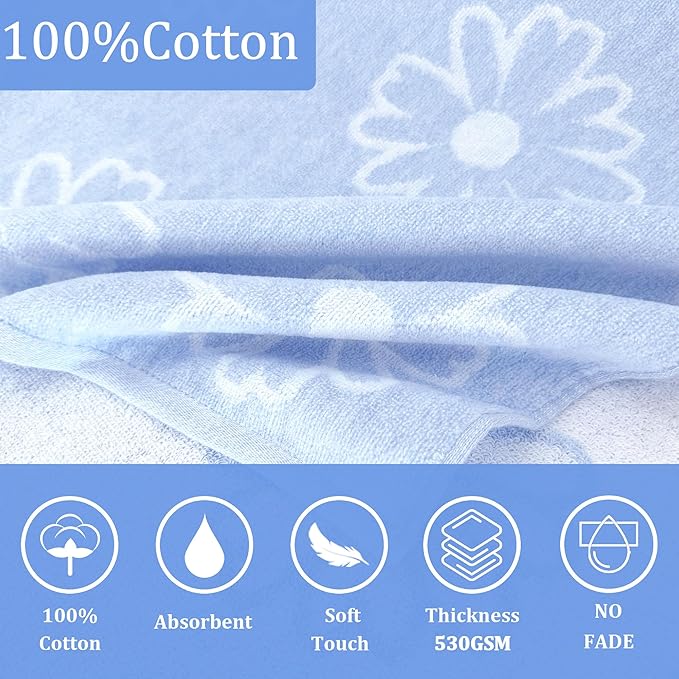 VOOVA & MOVAS Hooded Poncho Towel for Teens/Big Kids (8-14 Years) | Soft Absorbent 100% Cotton Towel Robe | Versatile Beach, Pool, Swim & Bath Cover-Up | Jacquard Blue Daisy
