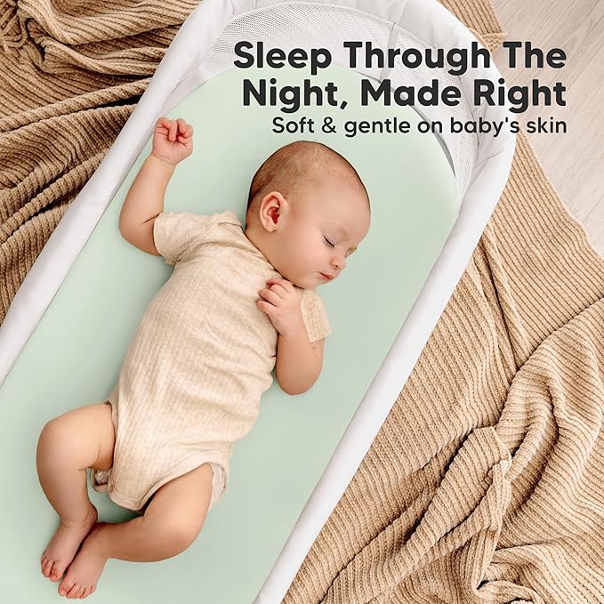 2-pk Waterproof Bassinet Sheets Girls, Boys, Cotton - 33x17 Universal Bassinet Mattress Pad Protector Cover, Compatible with Graco, Baby Delight, Chicco, Halo Bassinest Swivel Sleeper Fitted (Sage)