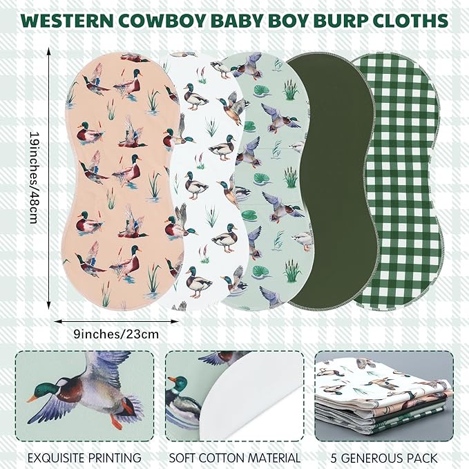 SmoothNovelty 5 Pack Mallard Duck Pattern Baby Burp Cloths Soft Absorbent Burping Rags for Newborns 19"x9" Spit up Cloths for Boy Girl Newborn Baby Shower Registry Gifts Set Nursery Decor