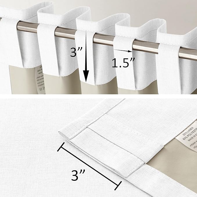 Pure White Linen Full Blackout Curtains 108 Inch Length 2 Panels Set for Living Opaque Privacy Back Tab Thermal Insulated 100% Black Out Room Darkening 9ft Window Curtain Drapes 108 Inches Long