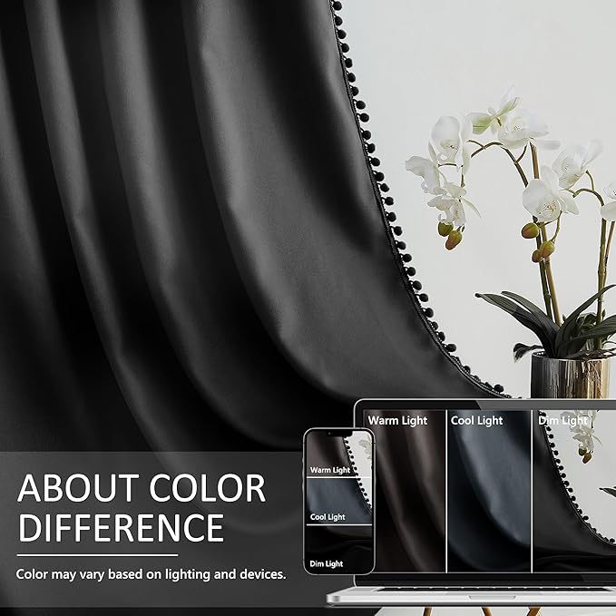 Treatmentex Pom Pom Blackout Curtains Black 45" Half Window Curtain Set for Small Window Basement Laundry Short Drapes 2Panels Rod Pocket