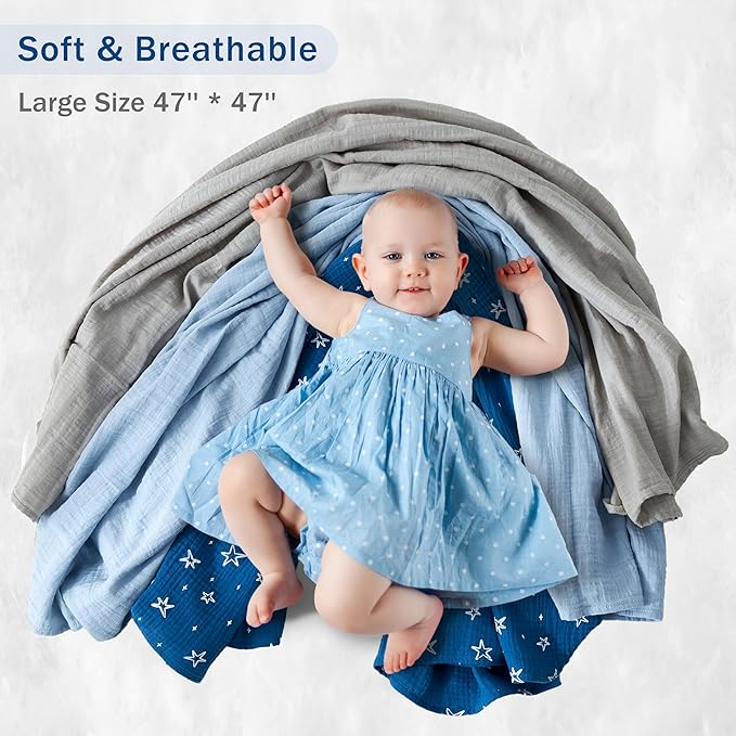3-Pack 100% Cotton Muslin Swaddle Blankets, Large 47 x 47 Inches — Breathable Soft Receiving Blankets for Newborns, Swaddling Wraps, Registry Gift (Bold Blue Mix)
