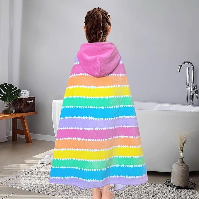 VOOVA & MOVAS Hooded Beach Towel for Girls & Kids (3-8 Years) | 30"x50" Soft Absorbent 100% Cotton Towel Wrap | Perfect for Toddler Beach, Pool, Bath, Swimming | Striped Color Design