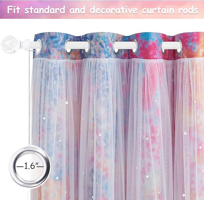 NICETOWN Rainbow Curtains - Double Layer Curtains 63 Inches Long with Sheer Grommet Nursery Blackout Star Hollow-Out Window Panels for Living Room, 52" W, 1 Pair, Yellow & Pink