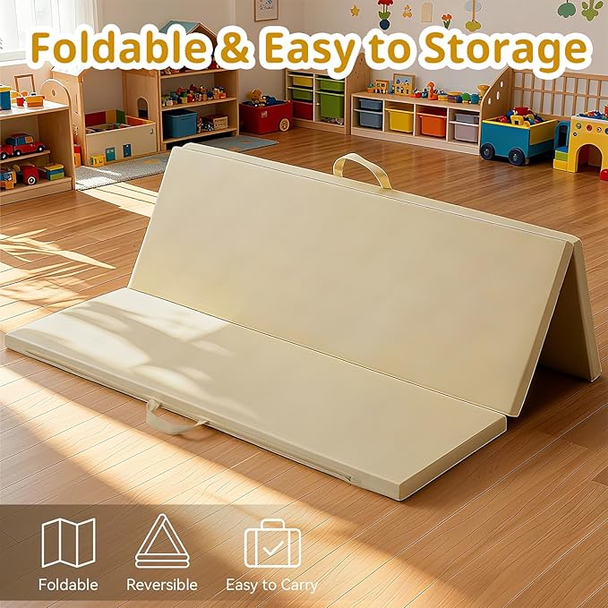 Baby Play Mat, 48 x 48 Inch Foldable PU Leather Waterproof Playpen Mat, 1.6" Extra Thick Foam Floor Mat for Infants and Toddlers, Non-slip Toddler Activity Playmat Cushion, Beige
