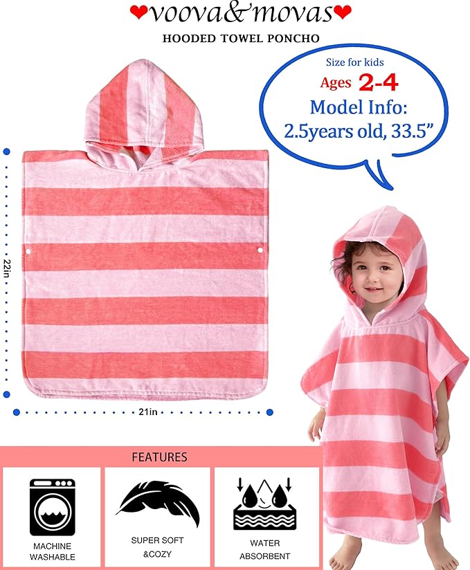 VOOVA & MOVAS Baby Towels with Hood, Oversized (2-4Years,22"X22") Made from 100% Soft Cotton,Absorbent Hooded Poncho Towel for Toddler Girls,Perfect for Pool | Swimming | Bath | Beach,Pink Bar Stripe