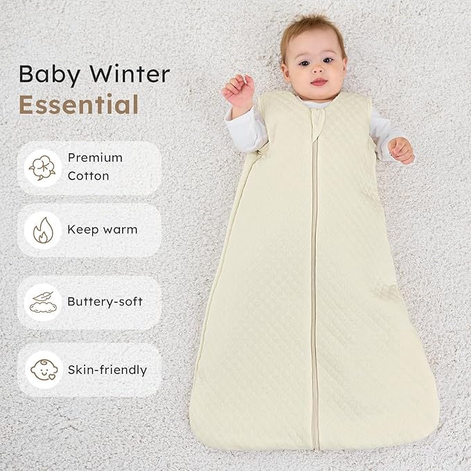 FIEMOL Baby Sleep Sack 12-18 Months 2.5 TOG, Winter Cotton Sleep Sacks Newborn and Infant, Warm Quilted Baby Wearable Blanket, Newborn Sleeping Bag with 2-Way Zipper Beige 1 Pack
