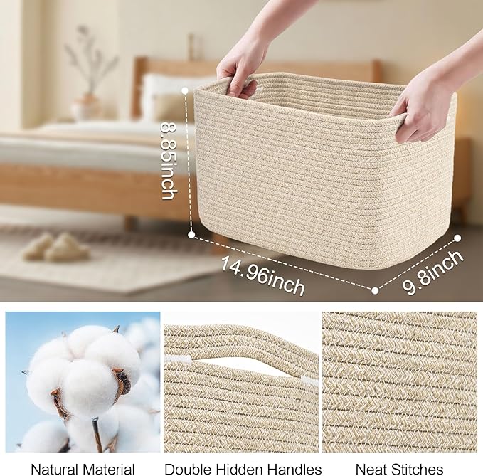 Woven Storage Baskets, Brown Baskets for Organizing, 3 Pack Woven Basket for Storage, Storage Baskets for Shelf, Towel, Toy, Book, Closet, Baby 15"×10"×9"