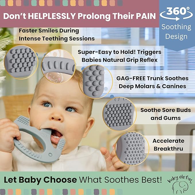 Baby Elefun Baby Teething Toys 5X Pain Relief Zero Delay 6-12 Months Gray
