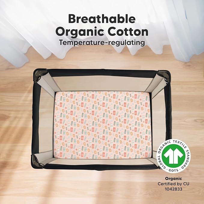 2-Pack Mini Crib Sheets Fitted - 38x26 Pack N Play Sheets for Pack and Play Mattress, Organic Cotton, Soft & Breathable Playard Bedding, Neutral Mini Toddler Bed Cover for Boys, Girls (Beach Day)