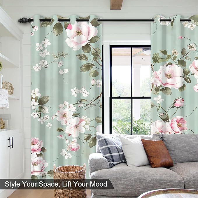 Blackout Curtains for Girls Bedroom, Pink Floral Room Darkening Curtains 84 Inch Length 2 Panels Set, Grommet Thermal Insulated Soundproof Privacy Winter Black Out Curtains for Living Room