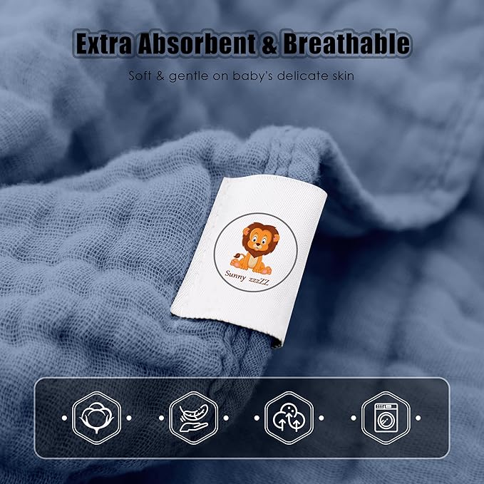 Sunny zzzZZ Muslin Hooded Baby Bath Towels - 3 Pack 100% Cotton Soft Low-Saturation Pastel Towels Including Classic White for Newborns, Infants, Toddlers - 32x32 Inch - Light Navy and White