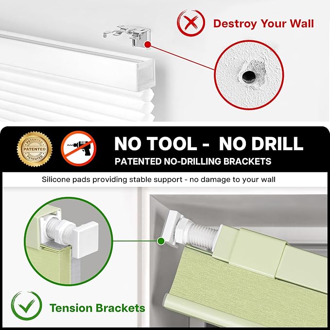LazBlinds Cordless Cellular Shades, No Tools No Drill Blackout Honeycomb Shades Pleated Blinds for Windows, 30" W x 64" H, Green