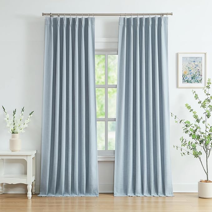 WEST LAKE 95 Inches Length Dusty Blue Bailey Pinch Pleated Full Blackout Curtain Panels with 100 Light Blocking Liners,Linen Textured Drape for Bedroom Living Room,Backtab Window Treatment,40"Wx95"Lx2