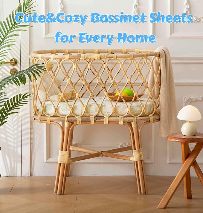 SDY Jersey Floral Bassinet Sheets for Baby Boys and Girls,32 "x 16 "x 4",2 Pack,Neutral Green Flower Standard Oval/Retangle Bassinet Mattress Sheets for Toddler,Super Soft Breathable