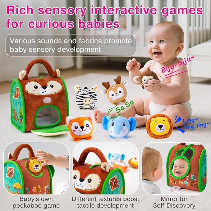 Montessori Sensory Toys for Babies 6-12 Months & Toddlers 1-3 Year Old - Educational Stuffed Animal Set with Rattle, Crinkle & Safe Mirror for Baby Kids & Boy Girl Birthday Gifts