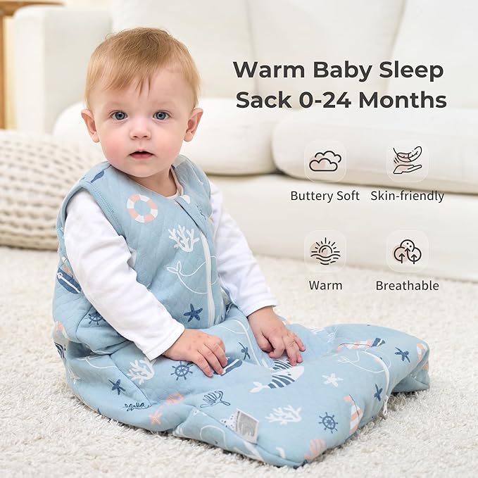 FIEMOL Baby Sleep Sack 18-24 Months 2.5 TOG, Winter Cotton Sleepsack for Toddler, Warm Quilted Baby Wearable Blanket, Baby Sleeping Bag with 2-Way Zipper Blue Sea