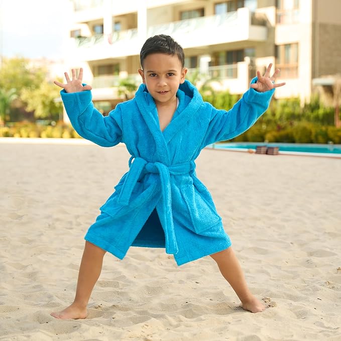 BAGNO MILANO Kids Organic Turkish Cotton Hooded Beach Cover-Up Towel, GOTS Certified, for Boys and Girls (Blue, 3-4 Years)