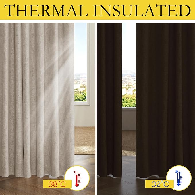 NICETOWN Natural Linen Blackout Curtain 52 x 80 inch Panels: Full Bedroom Blackout, Thick Insulated Classic Rod Pocket Back Tab Draperies with Thermal Insulated Liner for Windows(Set of 2)
