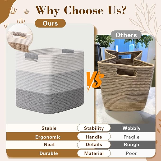 15×13 Inch Storage Cubes, 3 Pack Cube Storage Bins for Organizing, Cotton Rope Woven Baskets for Shelves, Bathroom, Kids Room, Closets, Baby Nursery