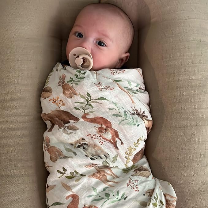LifeTree Baby Swaddle Blankets, Muslin Swaddle Blankets Boys Girls Swaddling Wrap Receiving Blanket for Newborn, 70% Viscose Bamboo and 30% Cotton, Large 47" x 47", Woodland Pattern