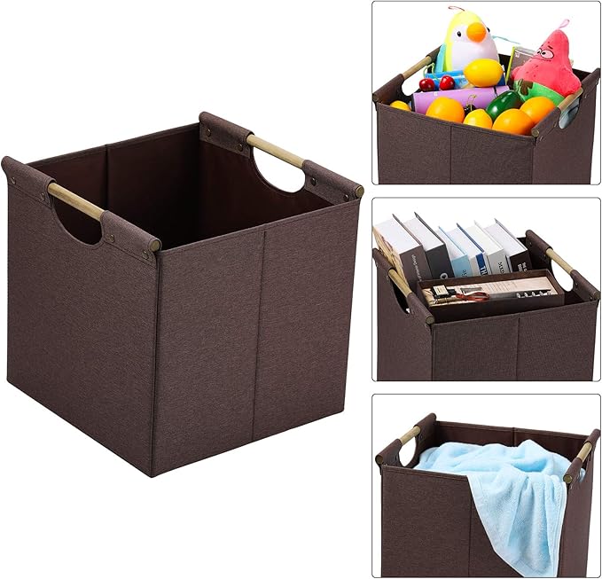 HOONEX Collapsible Storage Bins, 12x12x12in Storage Cubes Linen Fabric, Pack of 3, Storage Baskets with Wooden Carry Handles and Sturdy Heavy Cardboard, for Home, Office, Car, Nursery, Brown