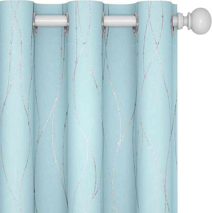 Deconovo Blackout Curtains, Thermal Insulated Soundproof Grommet Drapes, Wave Dot Foil Print, 38 x 90 Inch, Set of 2, Machine Washable Window Panel for Bedroom Living Room Nursery Kitchen, Light Blue