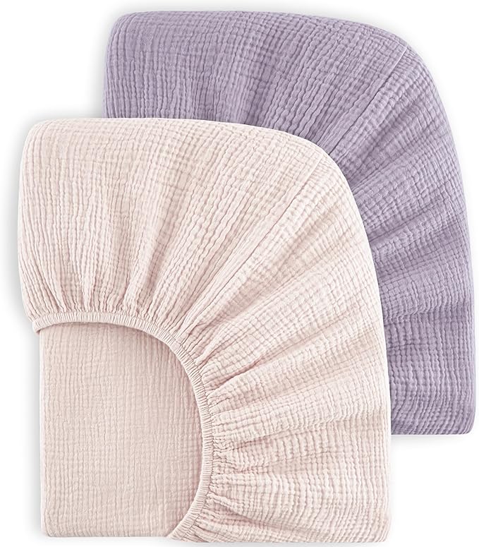 Bearmoss Muslin Crib Sheets - 100% Cotton Baby Crib Sheets Fitted for Standard Crib Mattress & Toddler Bed Mattress 52"x28" Soft Breathable Crib Sheet Neutral for Boys Girls - 2 Pack (Pink Purple)