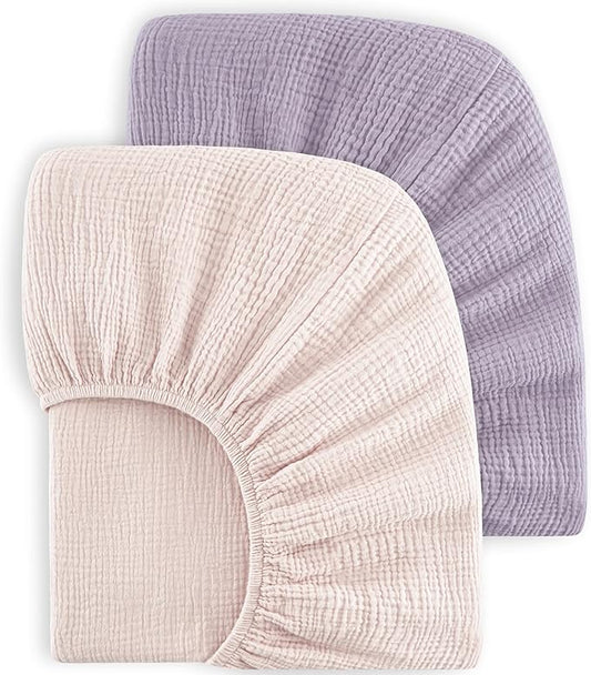 Bearmoss Muslin Crib Sheets - 100% Cotton Baby Crib Sheets Fitted for Standard Crib Mattress & Toddler Bed Mattress 52"x28" Soft Breathable Crib Sheet Neutral for Boys Girls - 2 Pack (Pink Purple)