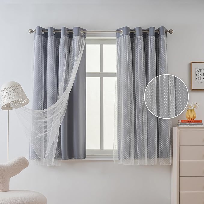 MYSKY HOME 70% Blackout Curtains for Girls Bedroom & Nursery Kids Grey Cute Curtains 63 inch Long Double Layer with Polka Dots Sheer, Grommet Tops, 52" Wide Each Panel, 2 Panels