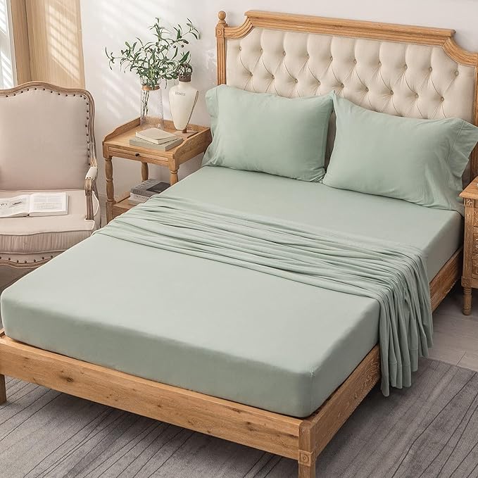 PURE ERA Jersey Knit 3pcs Bed Sheet Set 100% T-Shirt Cotton Super Soft Comfy Breathable Fits Mattress Up to 15" Extra Deep Pocket (Solid Sage Green, Twin XL)