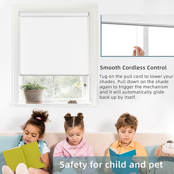 ChrisDowa Cordless 100% Blackout Roller Shade, with Striped Jacquard, Thermal Insulated, UV Protection Fabric, Total Blackout Blinds for Window, French Doors, Home and Office. White, 48" W x 72" H