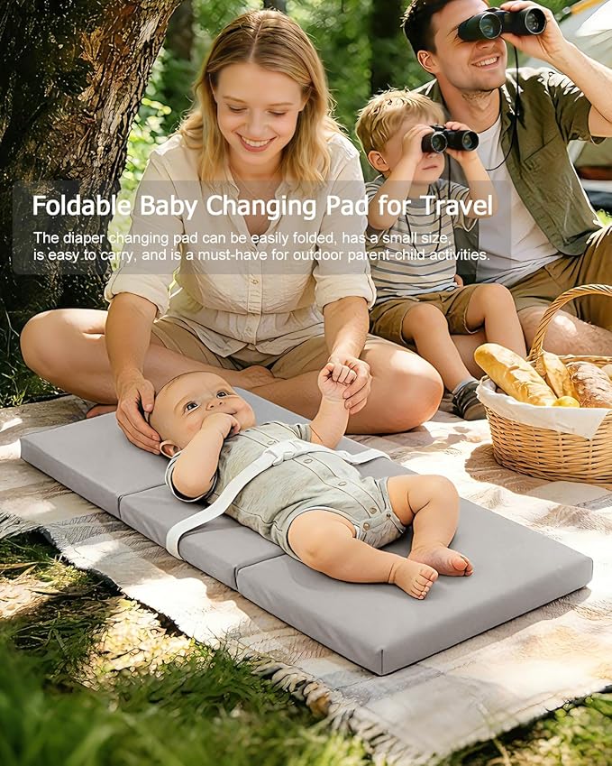 YACODAVO Foldable Baby Changing Pad with Vegan Leather Cover, Standard Side Waterproof & Wipeable Changing Pad for Toddler, Flat Foam Travel Diaper Changing Pad for Dresser and Table, Grey