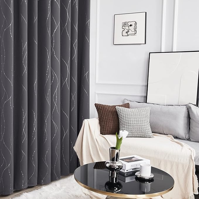 Deconovo Gray Curtains for Living Room, Blackout Drapes, Protect Pravicy Thermal Insulated Soundproof Window Drape, Wave Dots Foil Print, 38 x 90 Inch, Set of 2 Panels for Bedroom Apartment Nursery