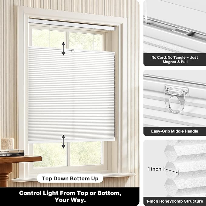 Lazblinds Upgraded Top Down Bottom Up (TDBU) Honeycomb Blinds, No Drill No Tools Easy Install Cordless Cellular Shades for Windows 36" W x 64" H, White - Light Filtering