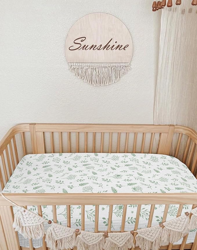Pack and Play Sheets for Baby Boy and Girl 2 Pack, Neutral Muslin Cotton Pack N Play Mattresses Sheet 27"x39", Muslin Nursery Bedding Soft and Breathable Comfort (Fern Leaf & Sage)