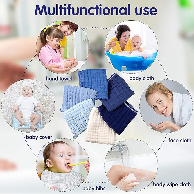 Irenare 6 Pack Muslin Burp Cloths Cotton Baby Burping Rags Large 20 x 10 Inch 6 Layers Spit up Rags Soft Absorbent Multicolor Wash Cloths Diapers for Newborn Baby Girl Boy (Blue Series)