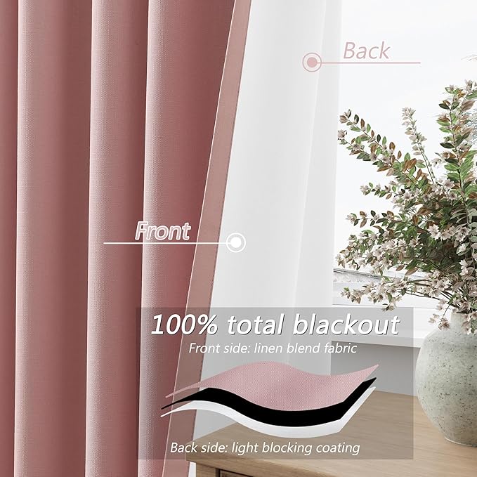 Guken 100% Blackout Linen Curtains 100 Inch 2 Panels Set for Girl's Bedroom, Living Room, Nursery, Back Tab Thermal Insulated Black Out Drapes Room Darkening, Pink