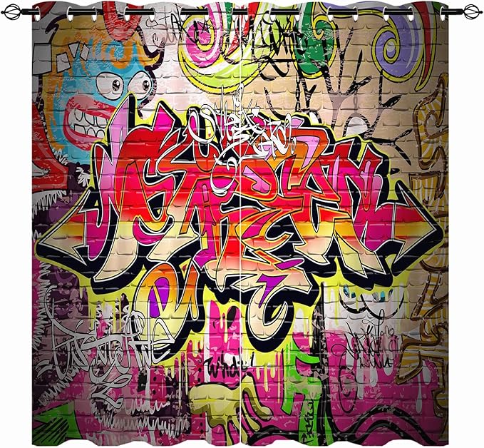 Graffiti Blackout Curtains W29.5 x L65 Inch Grommet Thermal Insulated Room Darkening Window Drapes Colorful Hip Hop Hippie Doodle Urban Print Pattern for Kids Boys Youth Teen Bedroom 2 Panels
