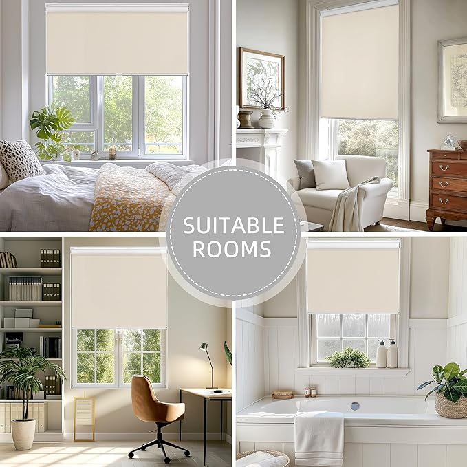 ChrisDowa Cordless Free-Stop100% Blackout Blinds for Windows, Roller Windows Shades with Thermal Insulated, UV Protection Fabric for Living Room, Office and Home. Easy to Install.Beige,52" W X 72" H