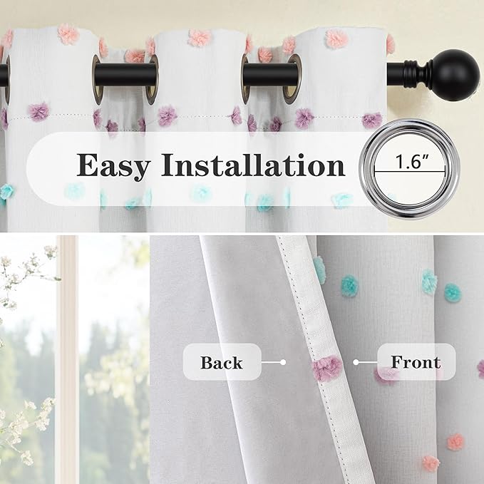 MEETSKY 100% Blackout Curtains for Nursery Bedroom 84 Inches Long 2 Panel, Total Light Blocking Grommet Thermal Insulated Window Curtains with Rainbow Pom Pom Sheer for Girls Room, 52" W x 84" L