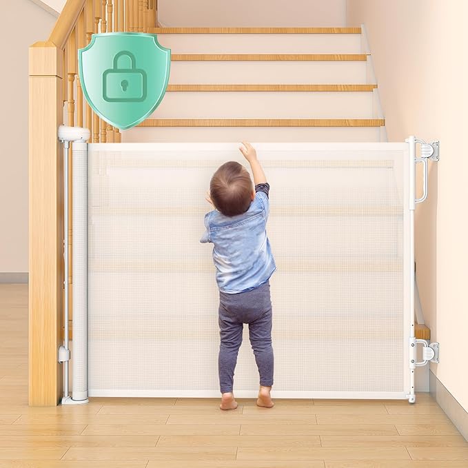 Momcozy Auto-Locking Retractable Mesh Baby Gate or Dog Gate, Child Safety Gate for Indoor or Outdoor, 33-inches Tall with up to 55-inches Wide Extension, Avoid Skirting Installation, White