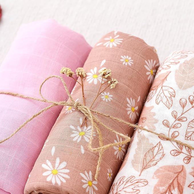 Happy Flute 3 Set Muslin Swaddle Blankets,Essential Baby&Newborn Swaddling,Perfect for Boys&Girls,Receiving Blankets,Nursing,Stroller Cover,Large 47.2x43.3 inches Swaddle Wrap Burping Clothes. (Pink)