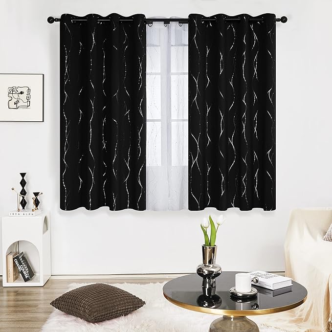 Deconovo Short Blackout Curtains, Black Drapes, Thermal Insulated Soundproof Grommet Curtain, Wave Line Dot Foil Print, 52 x 54 Inch, 2 Panels, Machine Washable Window Panel for Small Windows Kitchen
