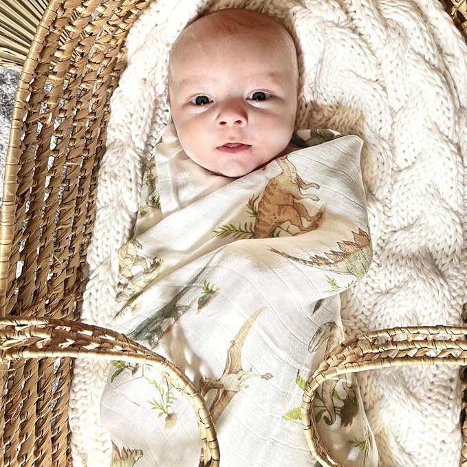 LifeTree Muslin Swaddle Blankets, Baby Swaddling Wrap Nursery Blanket for Boys & Girls, Soft 70% Viscose from Bamboo and 30% Cotton, Large 47 x 47 inches, Sea Turtle & Dinosaur