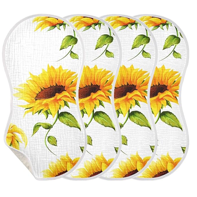 WELLDAY Muslin Baby Burp Cloths Set of 1, Soft Absorbent Big Sunflower Muslin Washcloths, Bibs, Face Towel for Newborn Boys Girls, 22 x 11 Inch