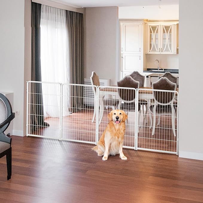 FXW Dog Gate Extra Wide Designed for Indoor Use, Adjustable Width Up to 111-inch Wide (40" H 4 Wire Panels for Medium and Large Dogs), White
