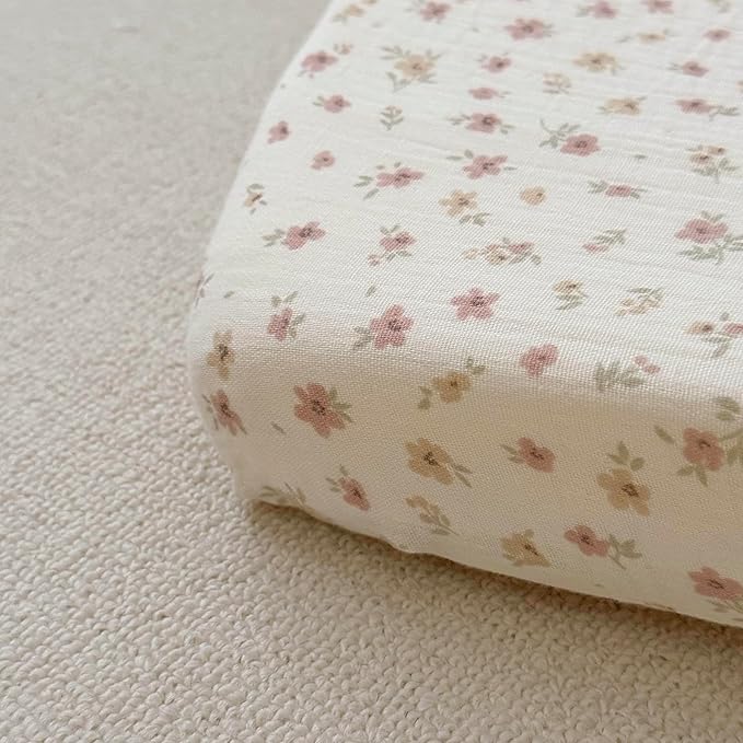 BuLuTu Cotton Muslin Baby Crib Sheets for Standard Crib and Toddler Mattress 52"x28", Chic Shabby Floral Print Boys Girls Fitted Sheets, 2 Pack, Soft Breathable, Camellia & Pink Floral